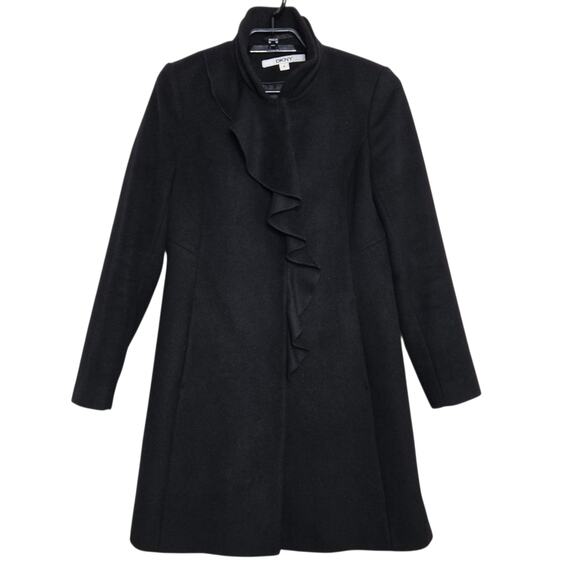 Womens DKNY Pea Coat Black Size 4 Ruffle Snap Closure Wool Rayon - Picture 1 of 5